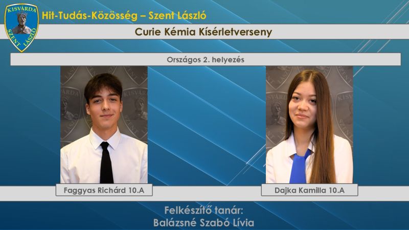 Országos 2. helyezés az országos Curie Kémia Kísérletversenyen