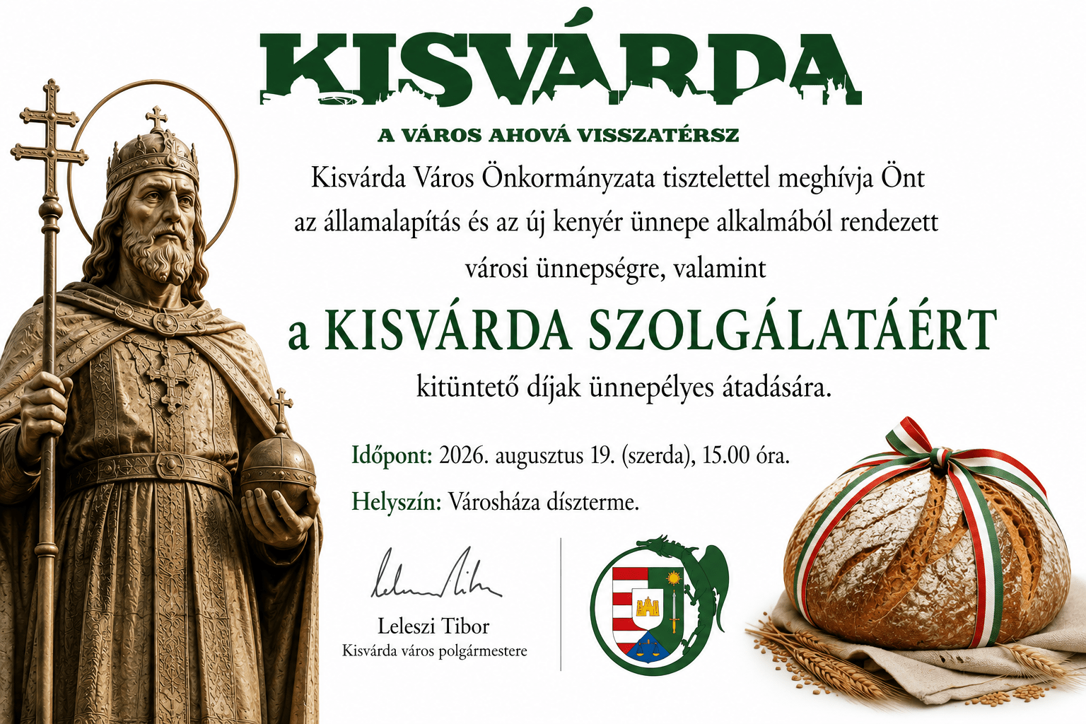 Városi ünnepség, kenyérszentelés, kitüntetések átadása a Városházán