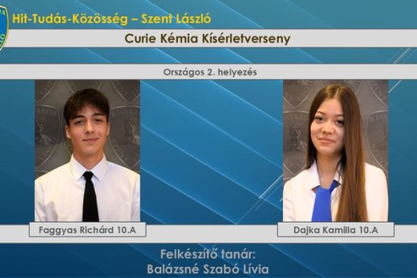 Országos 2. helyezés az országos Curie Kémia Kísérletversenyen
